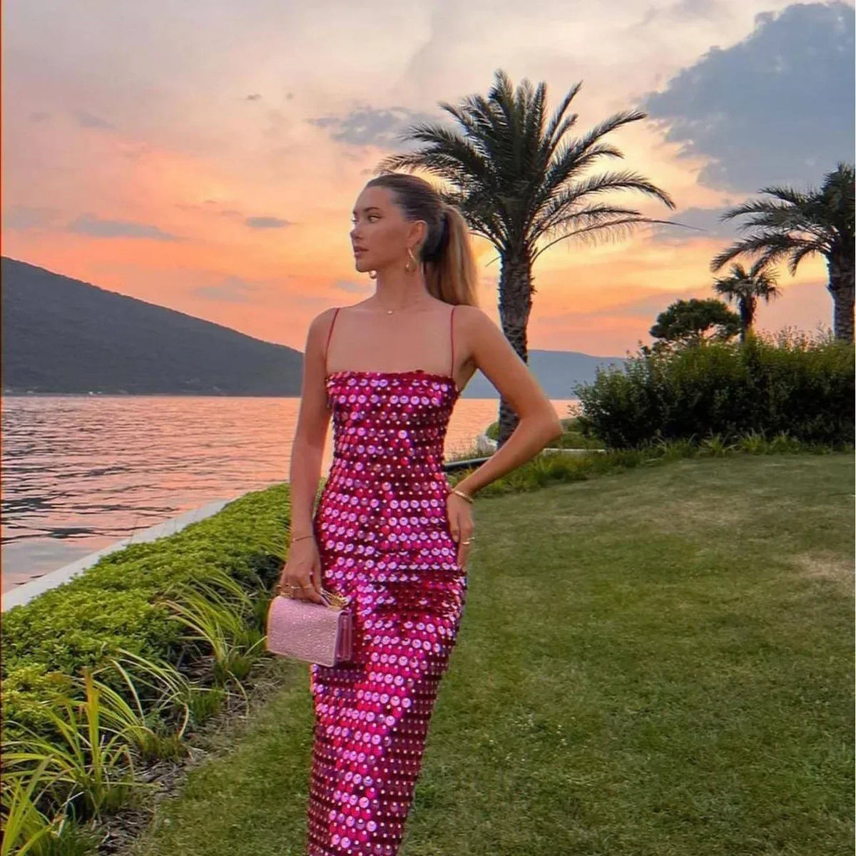 Sequin Mini Dress in Rose Red - View 2
