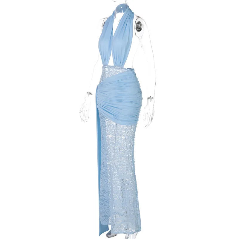 Halter Deep V Neck Lace Sleeveless Long Dress - View 22