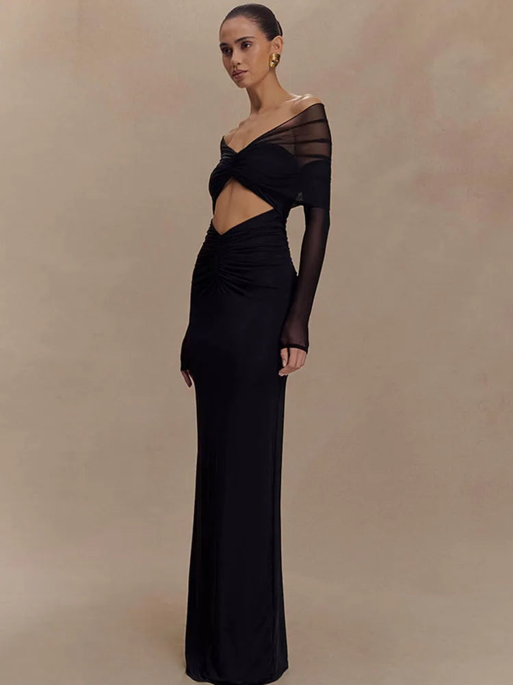 Off Shoulder Long Sleeve Cut Out Ruched Maxi Dress - View 7