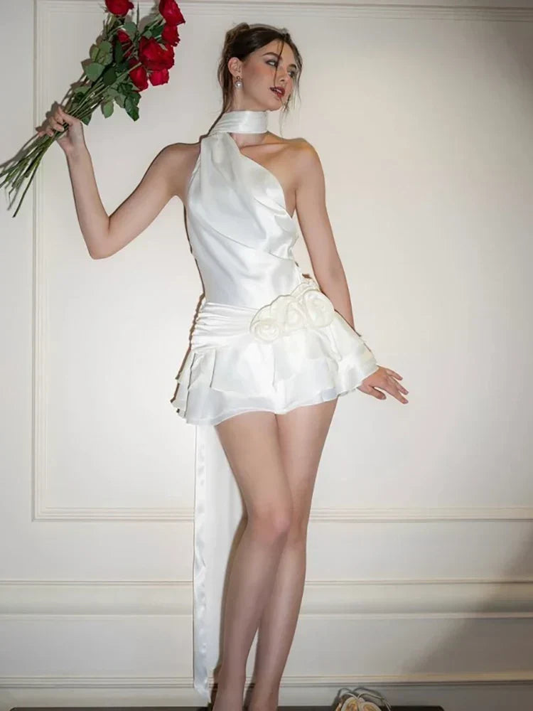 Satin One Shoulder 3D Rosette Tiered Ruffle Mini Dress - View 4