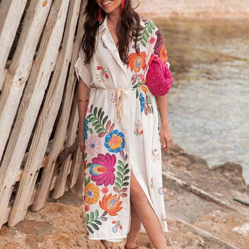 Elegant Vintage Patterned Loose Shirt Dress with Split Hem