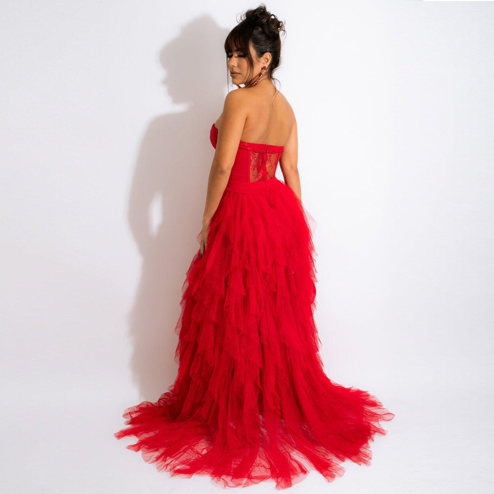 Lace Corset Strapless Tiered Tulle Maxi Gown 8