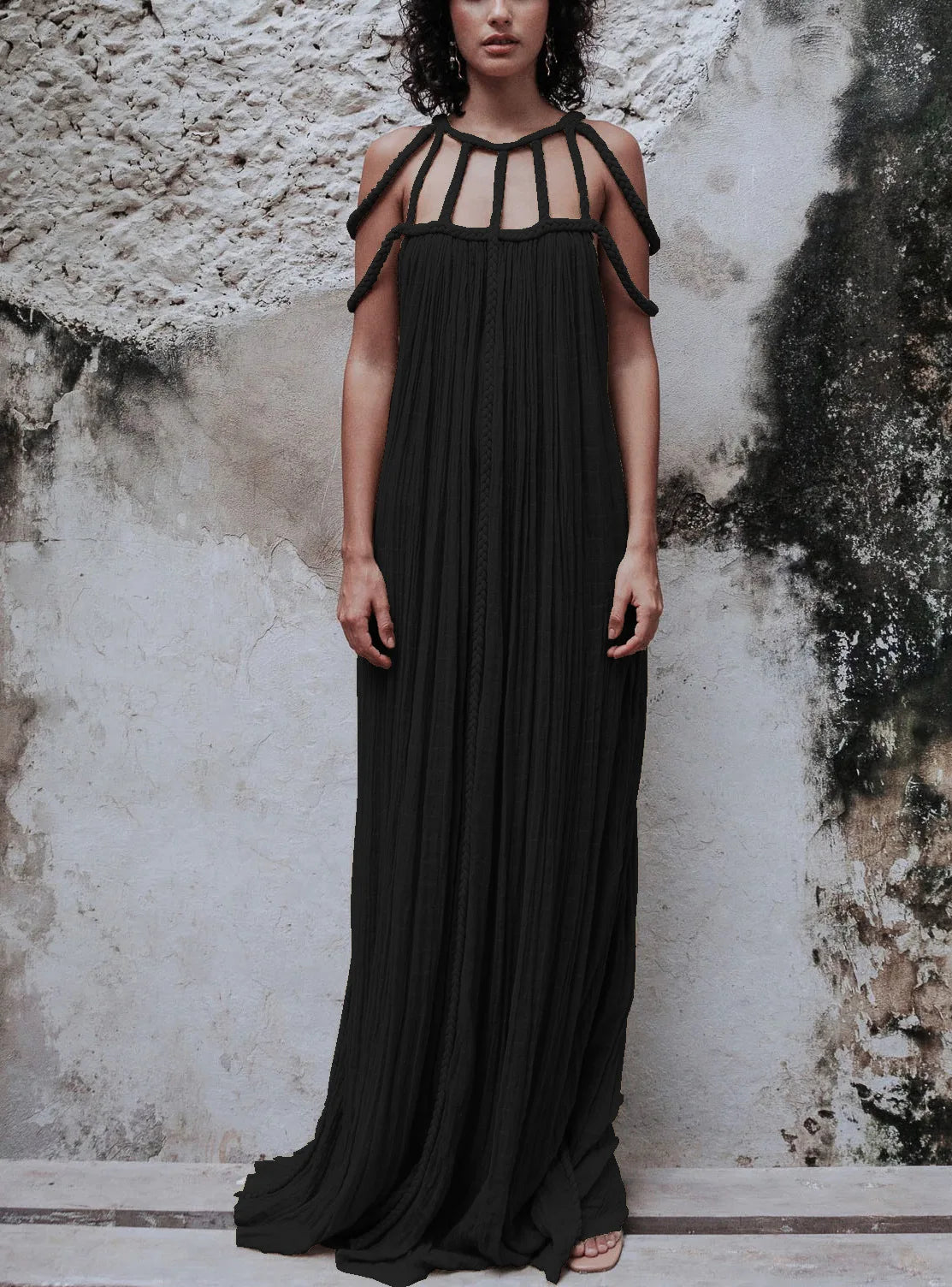 Braided Rope Trim One Shoulder Belted High Split Maxi Dress - View 21