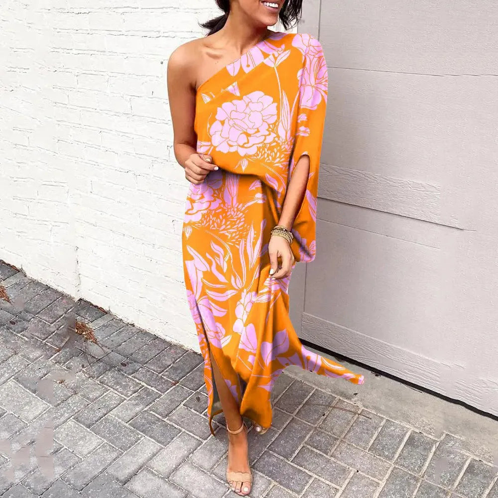One Shoulder Long Sleeve High Split Asymmetric Maxi Dress - View 7