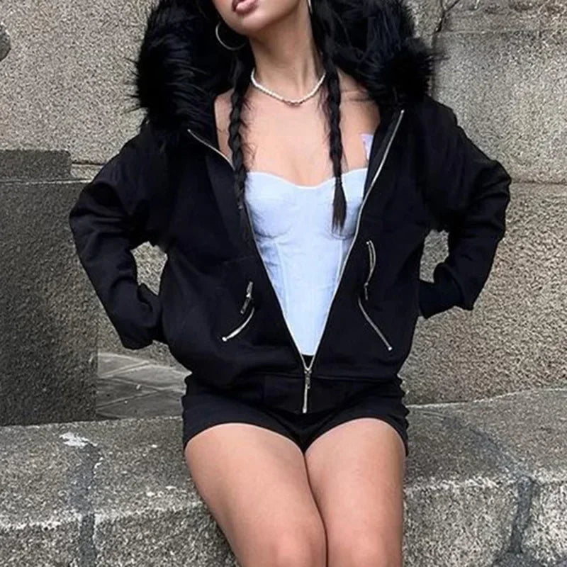 Dark Furry Collar Zip Hoodie