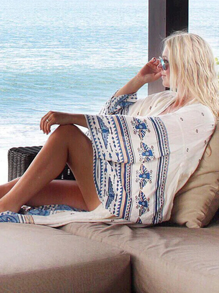 Printed Open Stitch Long Sleeve Cover Up