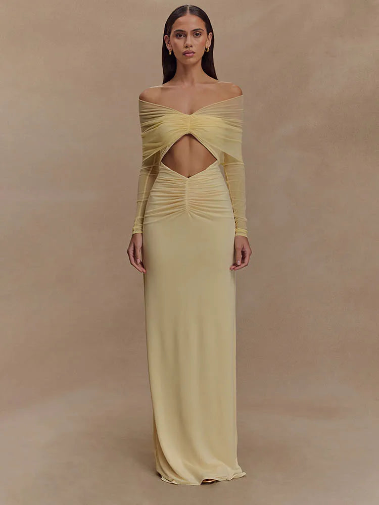 Off Shoulder Long Sleeve Cut Out Ruched Maxi Dress