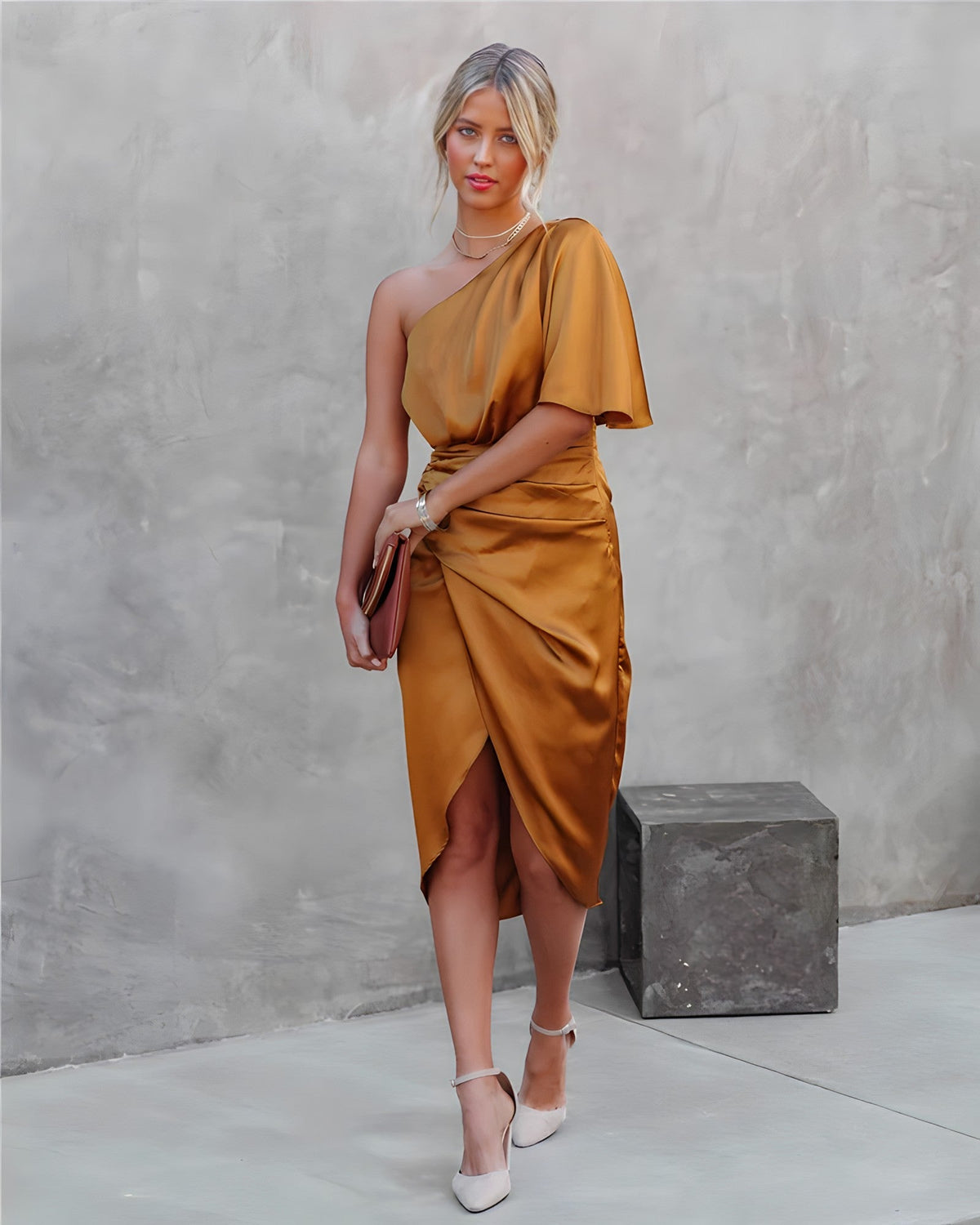 Satin One Shoulder Flutter Sleeve Ruched Wrap High Split Midi Dress - View 18