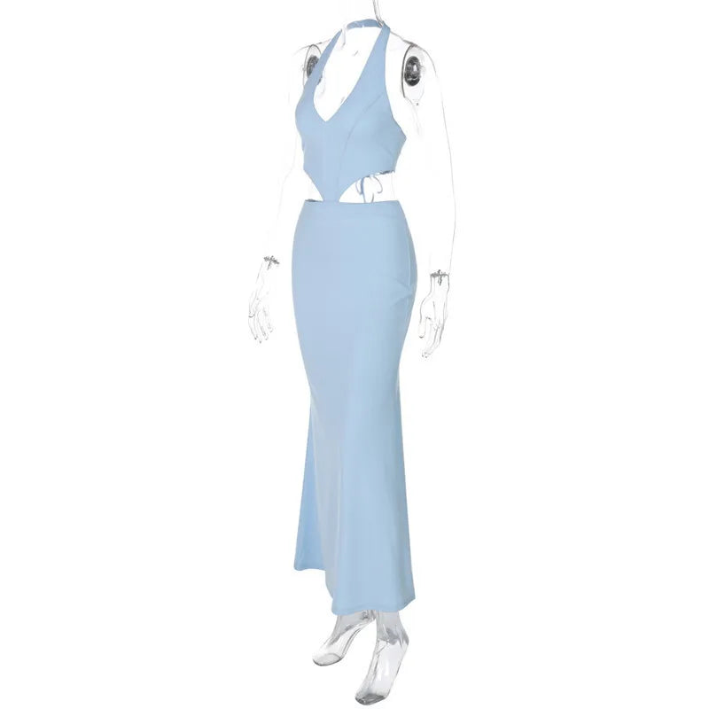Halter Backless Blue Lace - up Maxi Dress - View 7
