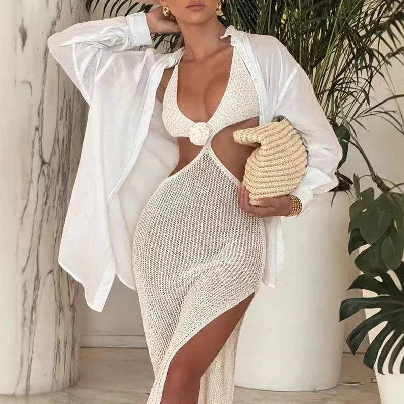 V Neck Hollow Knitted Beach Dress Bikini Set