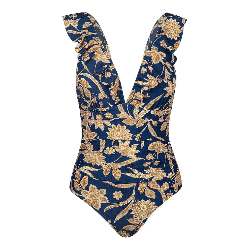 Ruffled V-neck Lace Up Monokini One Piece Set