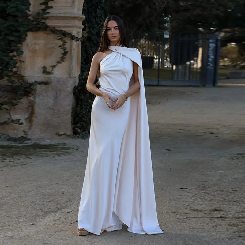 Satin Halter Neck Asymmetric Draped Sash Floor Length Gown - View 6
