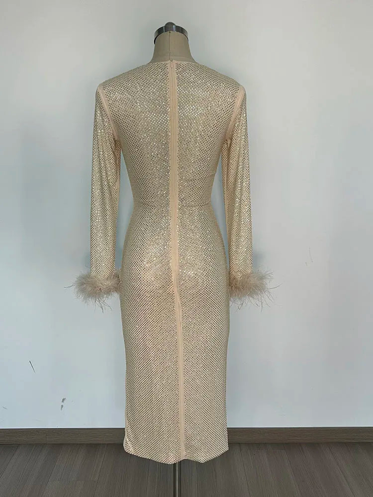 Feathers Rhinestone Folds Midi Dress - View 6