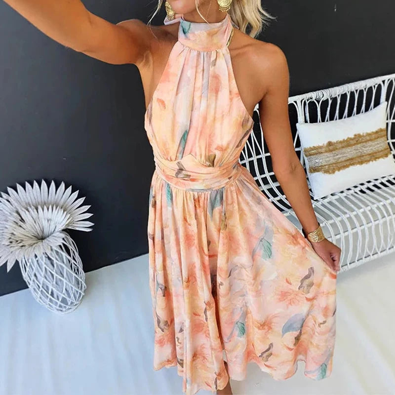 Elegant Halter Backless Maxi Dress for Beach Vacations