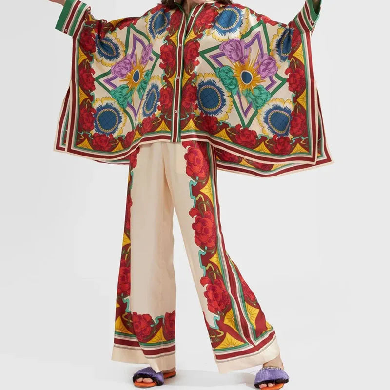 Elegant Women's Long Sleeve Button Shirt and Wide Leg Pants Set