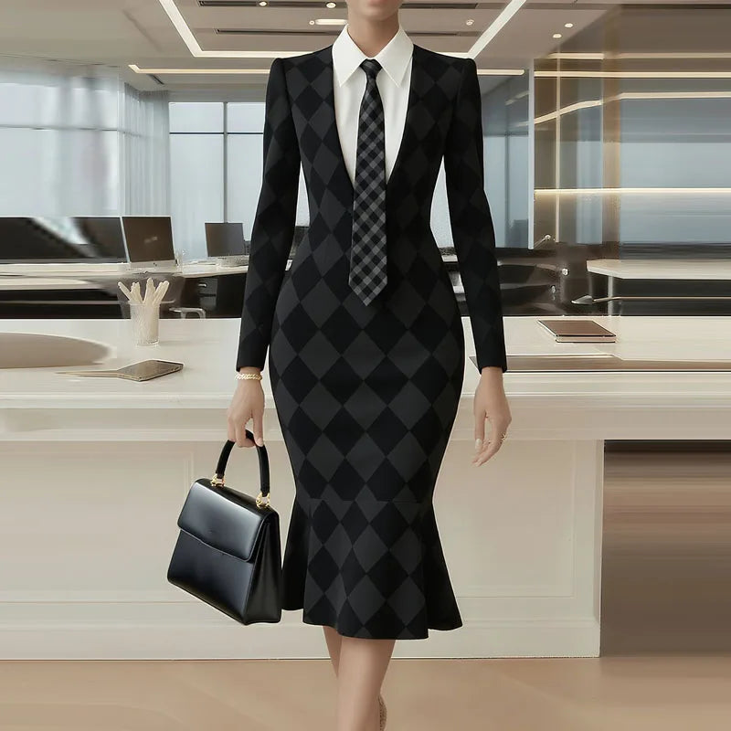 Elegant Lattice Print Fishtail Dress for Autumn Events