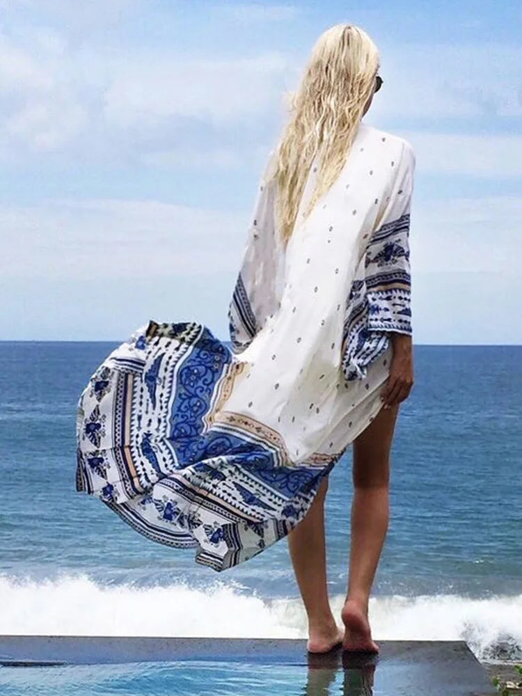 Printed Open Stitch Long Sleeve Cover Up