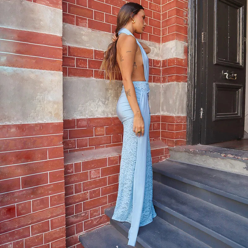 Halter Deep V Neck Lace Sleeveless Long Dress - View 5