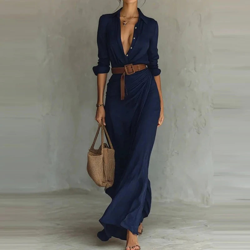 Draped Long Sleeve Belted Casual Dress for Elegant Events