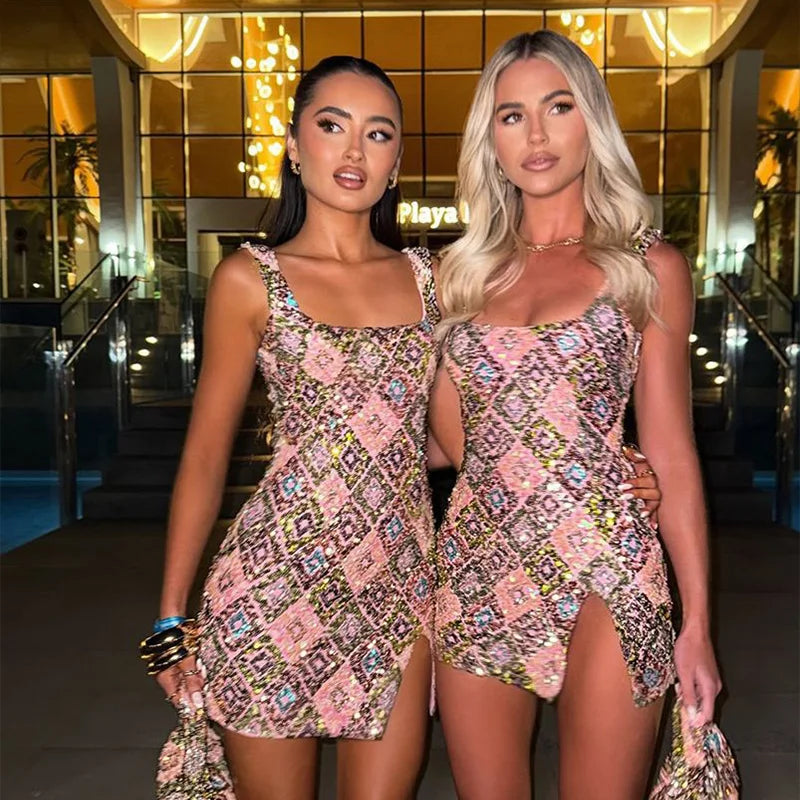 Sequin Square Neck Spaghetti Strap High Split Bodycon Mini Dress - View 10