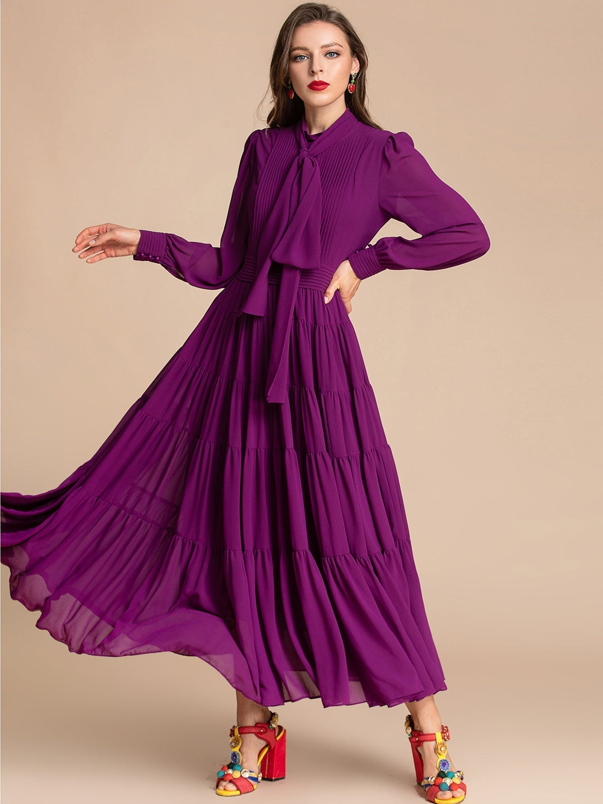 Pleated Tie Neck Long Sleeve Tiered Maxi Dress 3