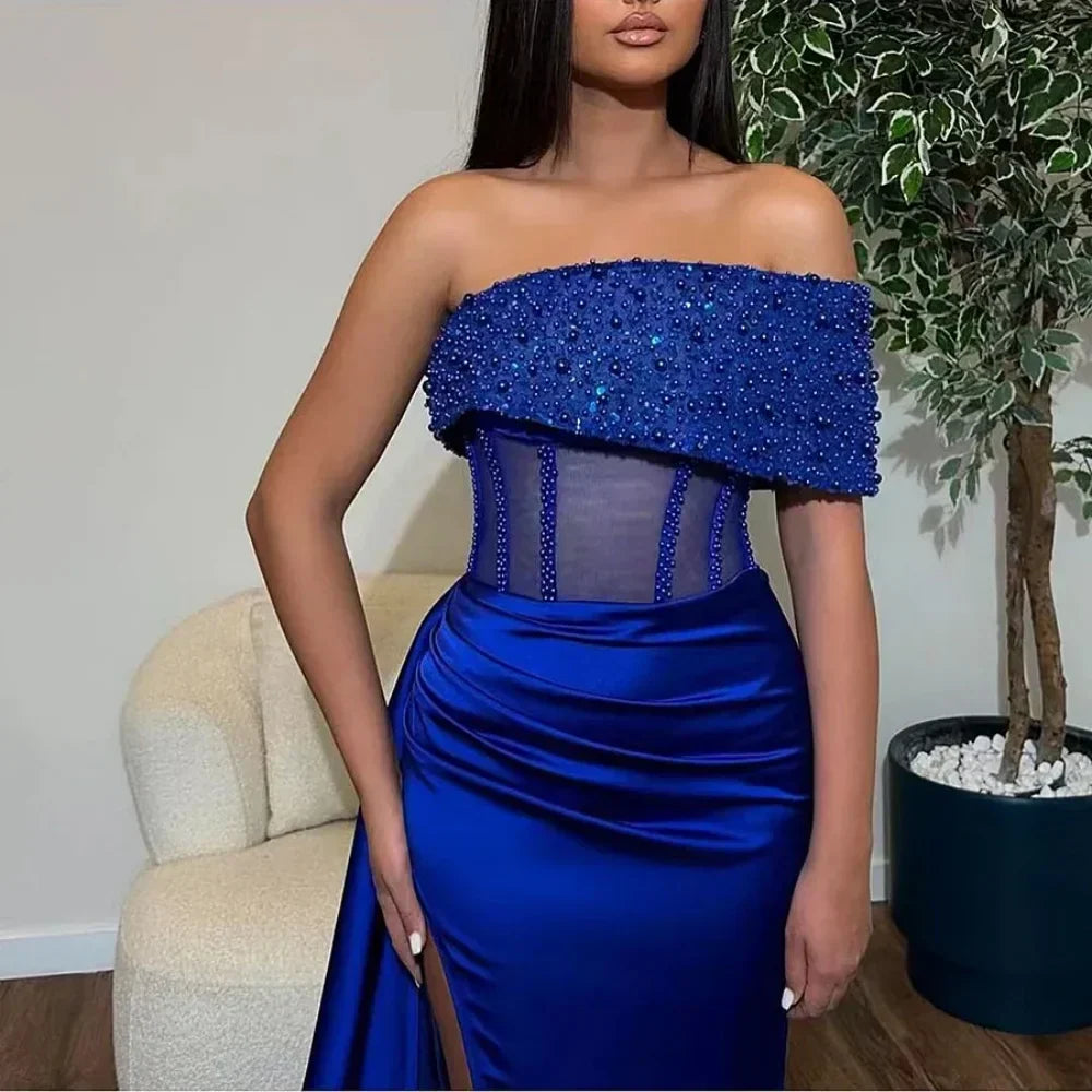 Satin Off Shoulder Beaded Corset High Split Mermaid Gown - View 2