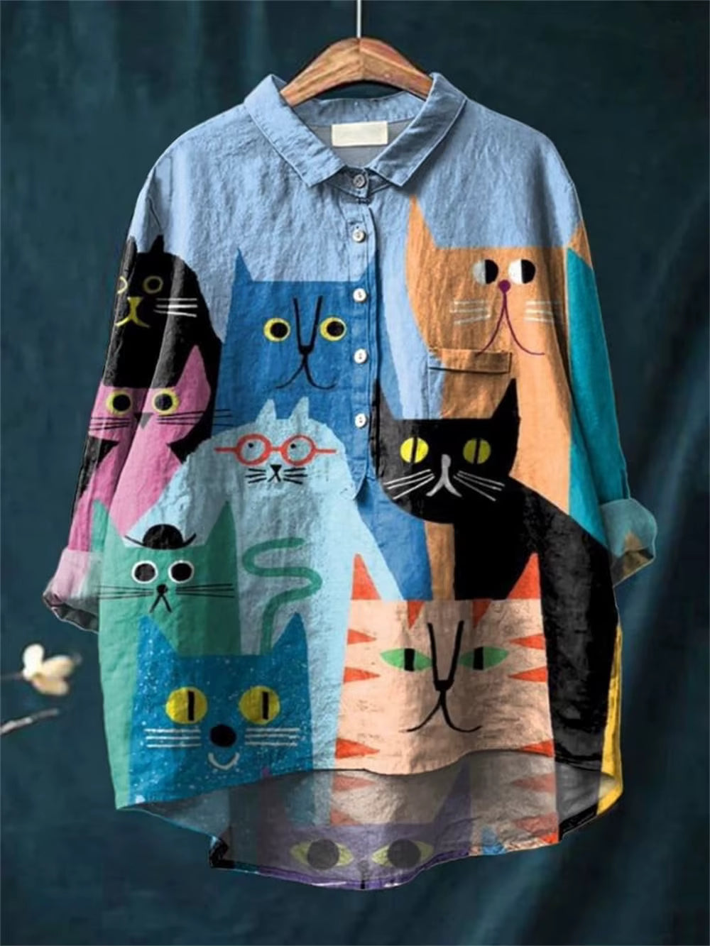 Cat Print Collared Button Front High Low Shirt