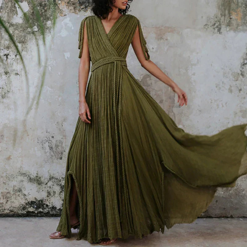 Braided Rope Trim One Shoulder Belted High Split Maxi Dress - View 23
