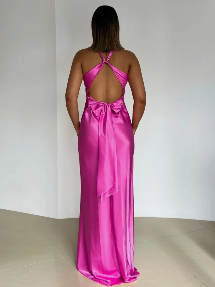Satin Ruched Backless Maxi Dress in Purple - View 4