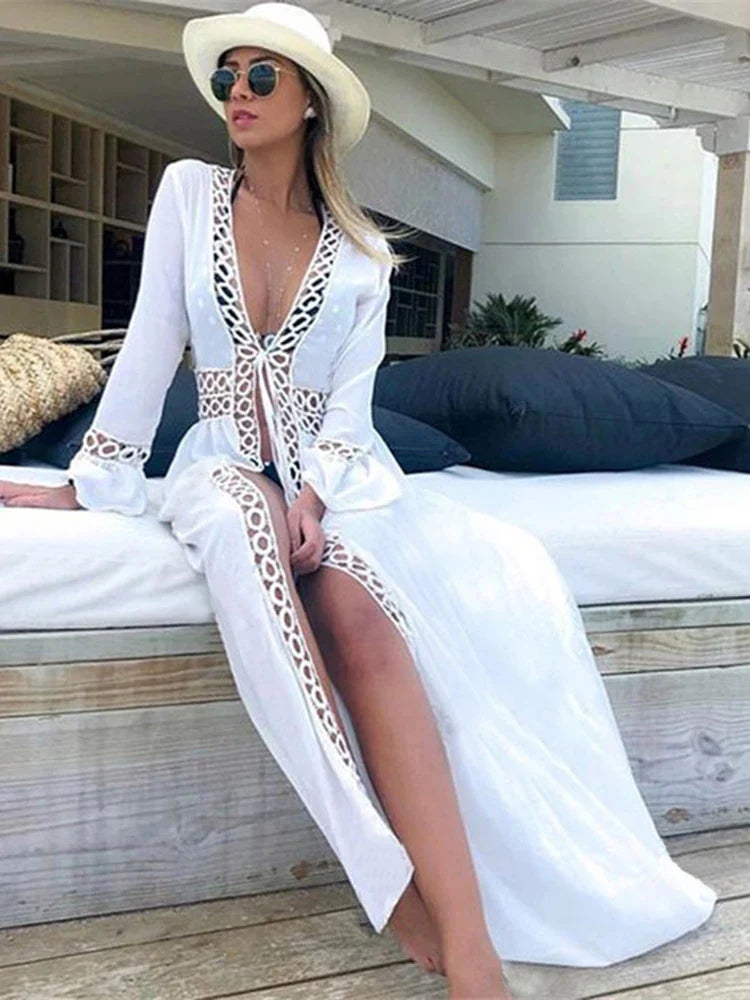 Deep V-Neck Hollow Out Bikini Cover Up