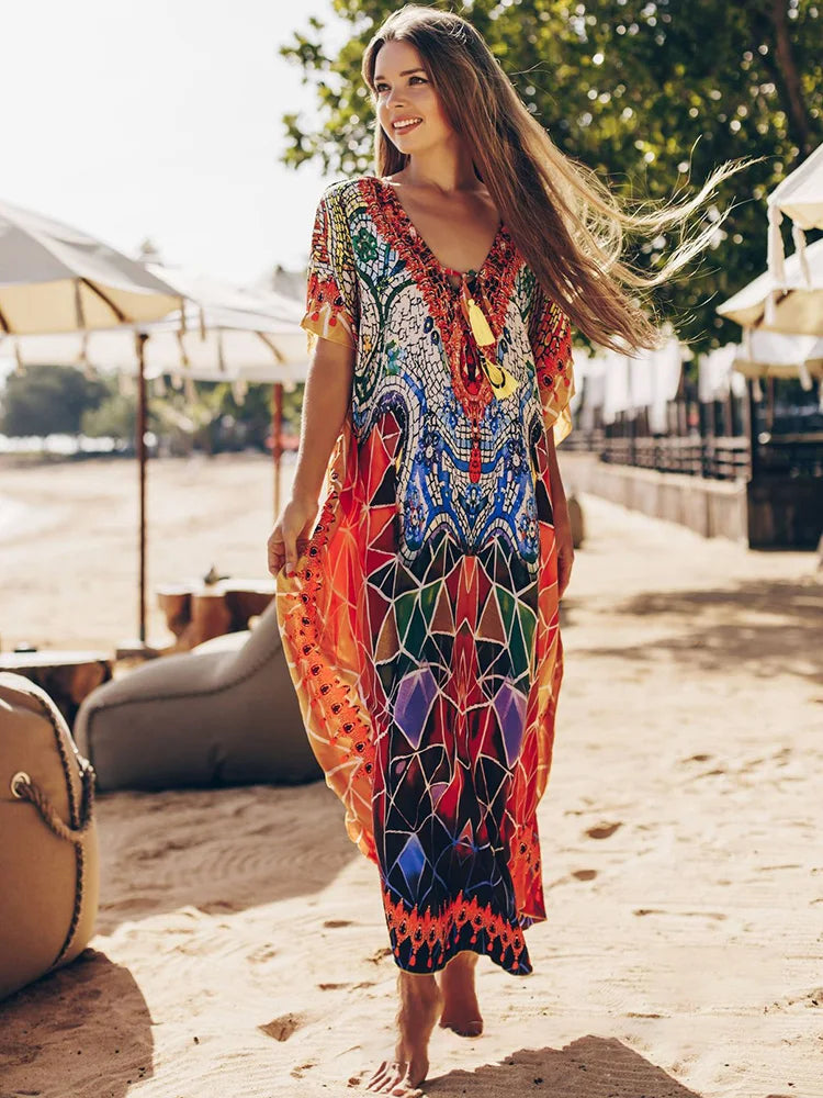 Geometric Printed Lace Up V-Neck Cover Up