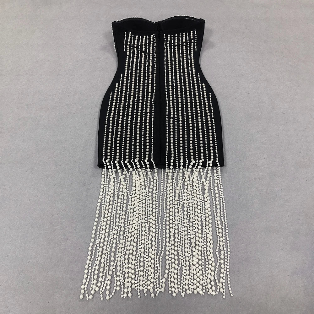Sexy Black Luxury Pearls Tassels Bodycon Strapless Prom Bandage Dress Sexy Celebrity Evening Runway Cocktail Party Dress