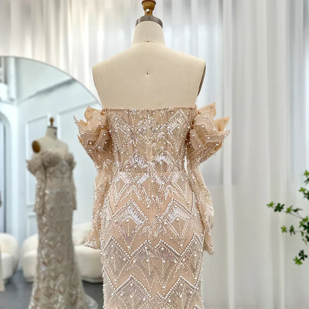 Beaded Off Shoulder Long Sleeve Mermaid Maxi Gown - View 5