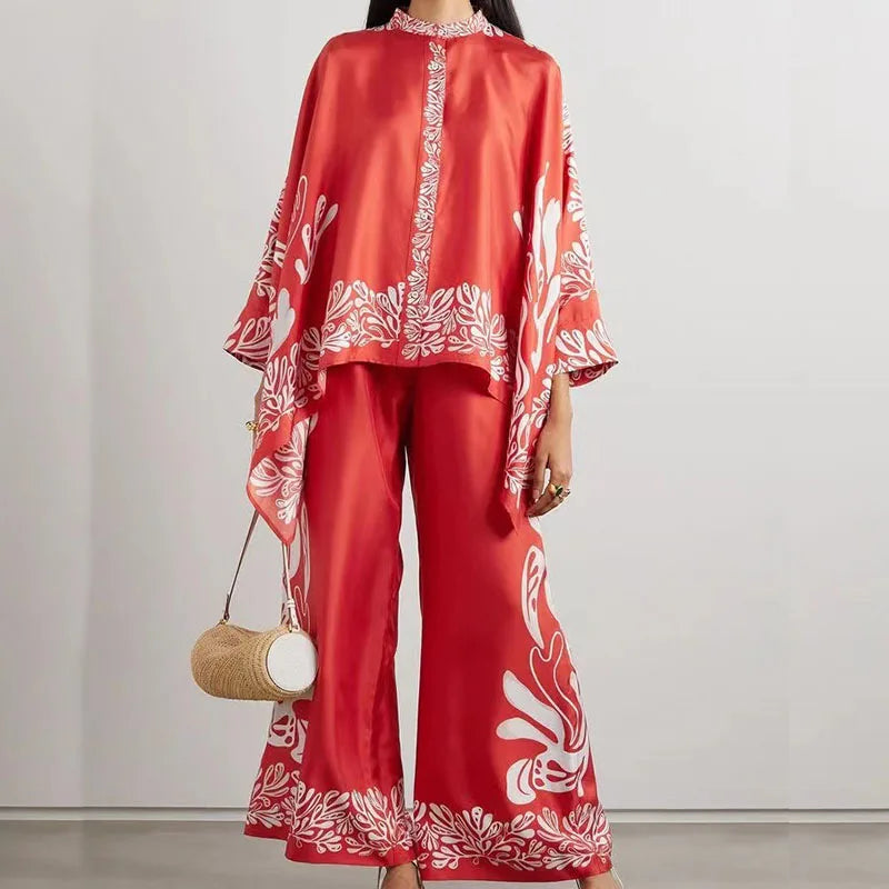 Elegant Women's Long Sleeve Button Shirt and Wide Leg Pants Set