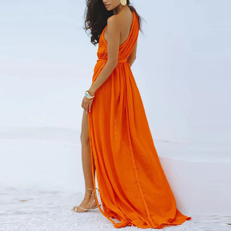 Braided Rope Trim One Shoulder Belted High Split Maxi Dress - View 6