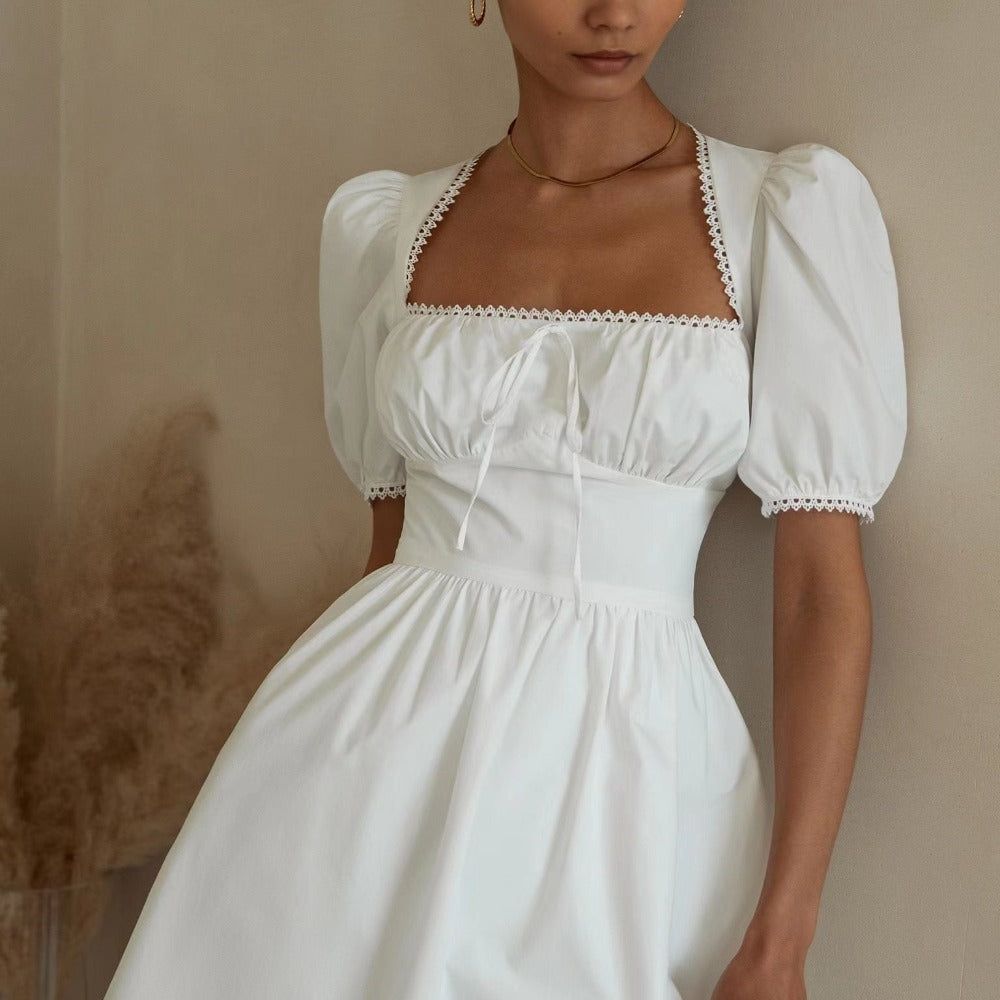 Cotton Square Neck Puff Sleeve Cutout Flared Mini Dress 4