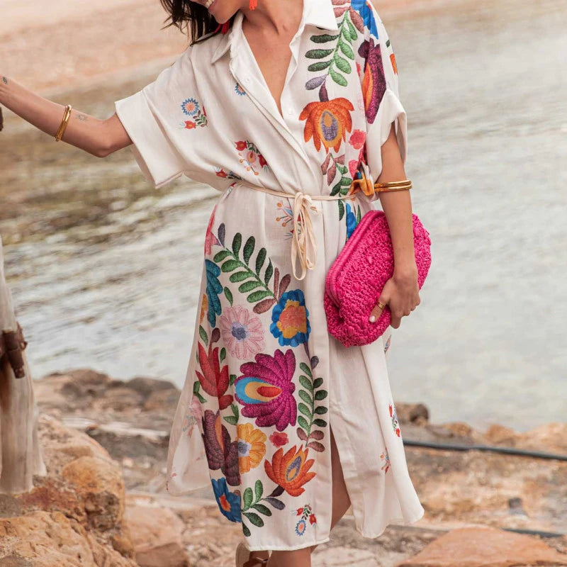 Elegant Vintage Patterned Loose Shirt Dress with Split Hem