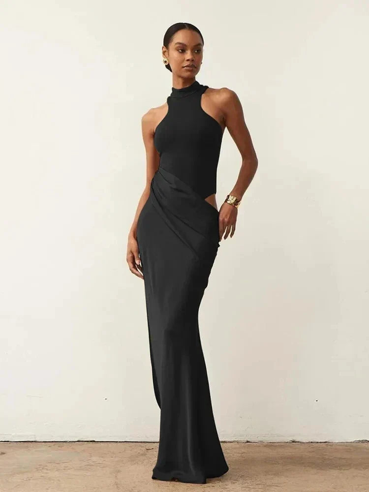 Halter Neck Sleeveless Ribbed Bodice Draped Waist Satin Maxi Gown - View 15