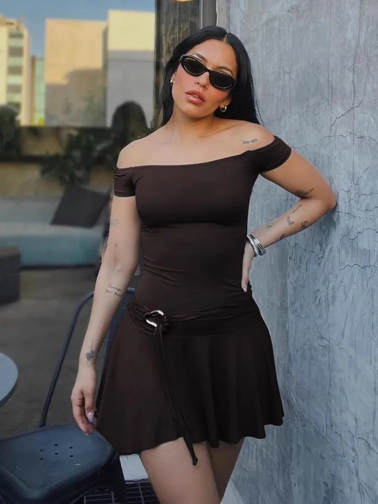 Off Shoulder Ruched Ring Buckle Belt Ruffle Hem Mini Dress - View 4