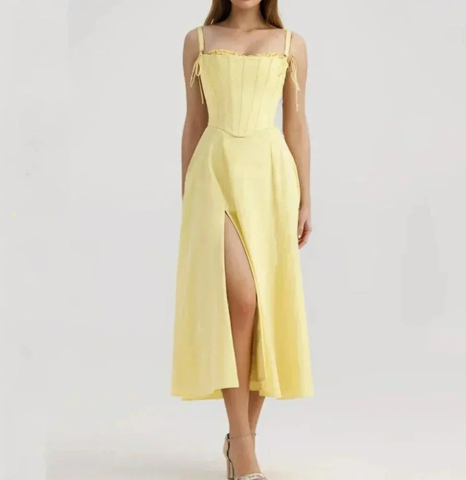 Corset Tie Shoulder Square Neck Ruffle High Split Midi Dress