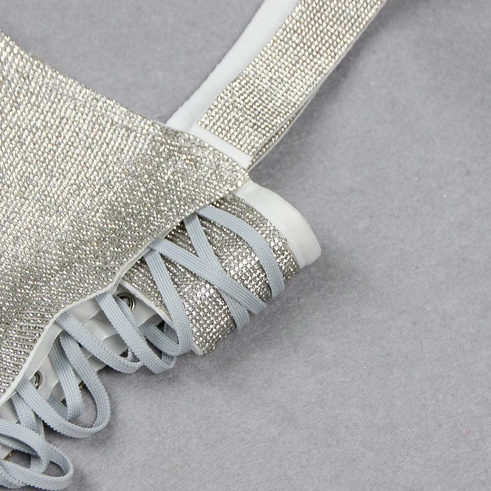 Crystal Embellished Square Neck Lace-Up Bodycon Mini Dress 10
