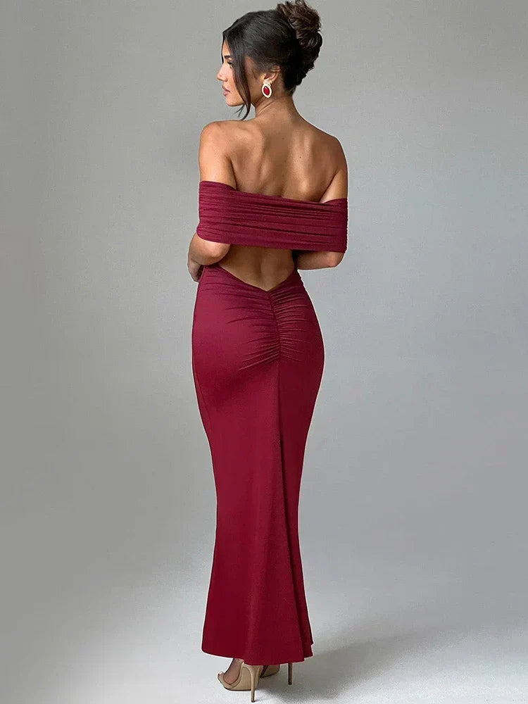 Off Shoulder Pleated Ruched Mermaid Maxi Dress - View 5