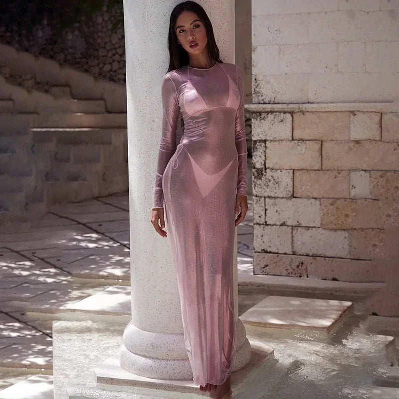 Mesh Long Sleeve Crew Neck Bodycon Maxi Dress - View 6