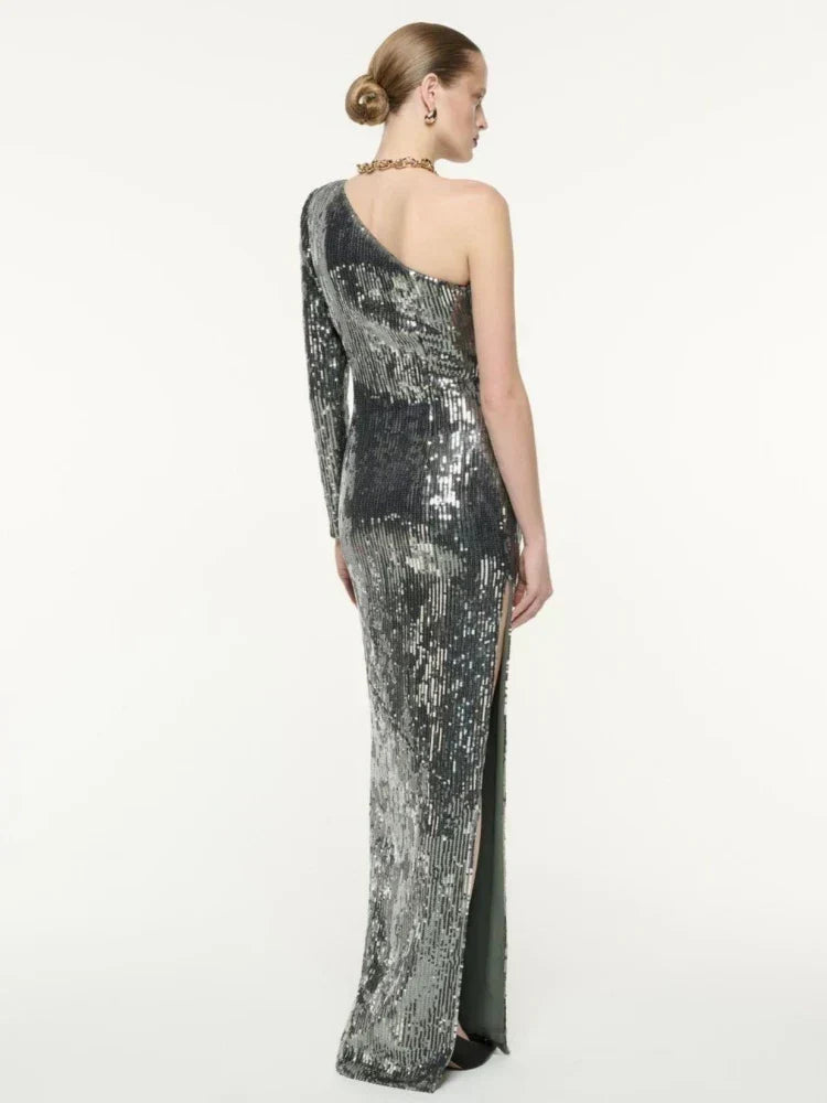 Sequin One Shoulder Long Sleeve Rosette Bodycon Maxi Dress - View 3