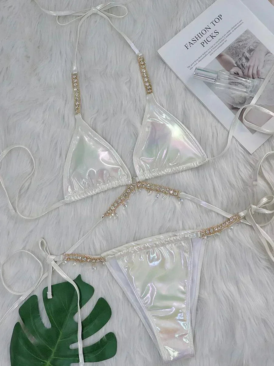 Shiny PU Leather Wrap Around Diamond Bikini Set