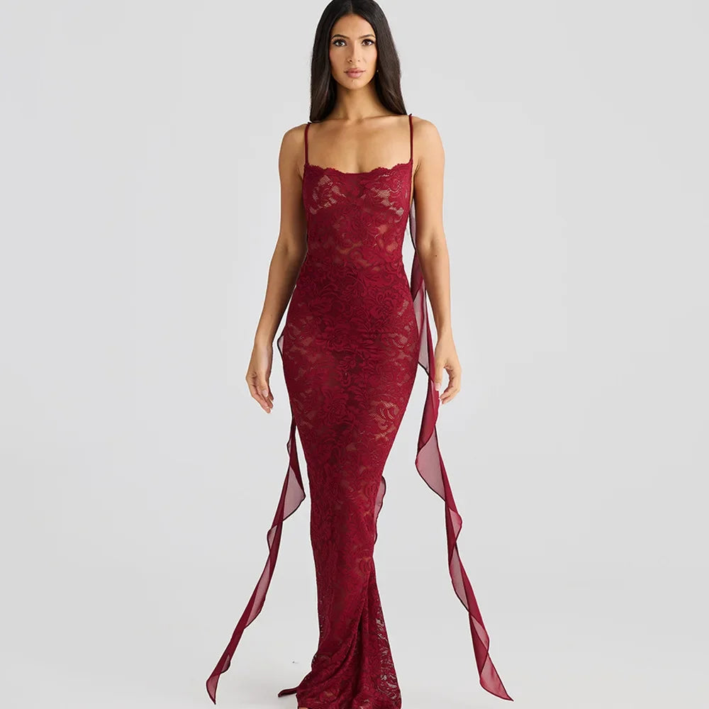 Lace Patchwork Backless Trailing Long Dress - View 6