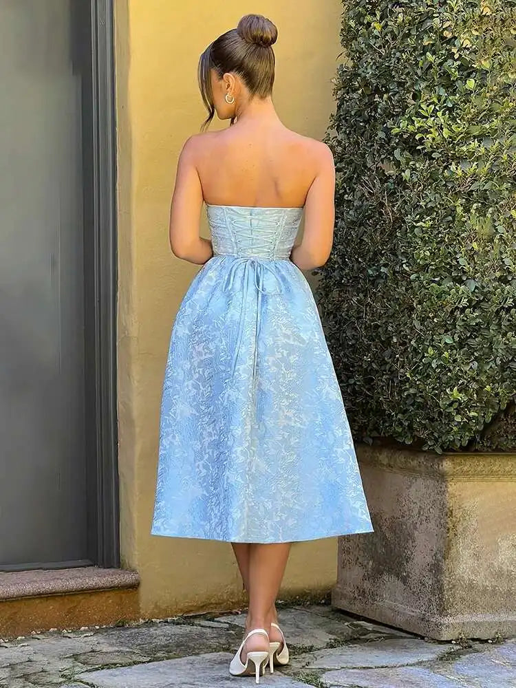 Floral Jacquard Strapless Pleated A-Line Midi Dress 2