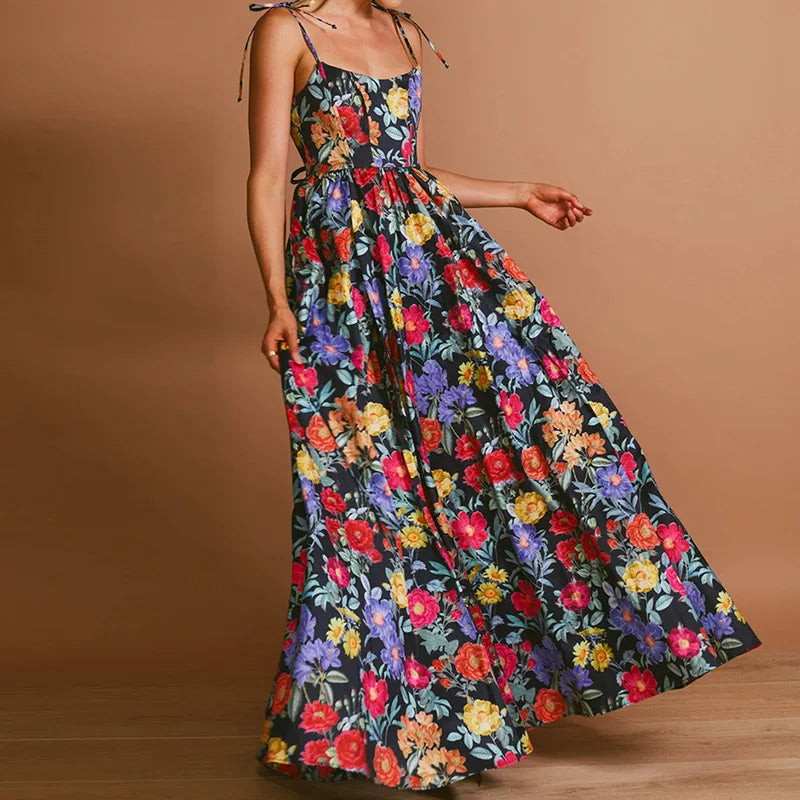 Elegant Floral Print Off-Shoulder Pleated Gown for Women