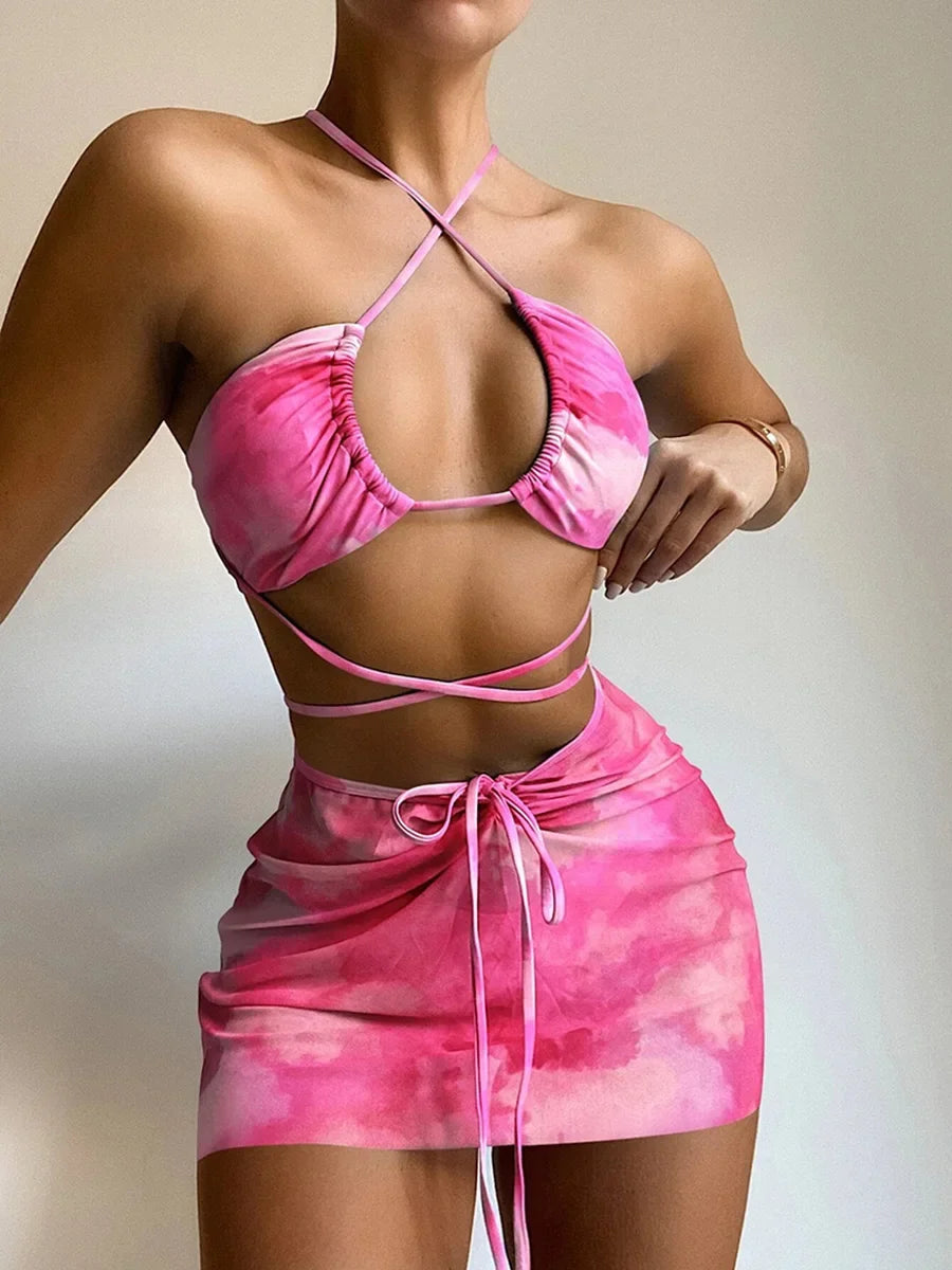 Mesh Sarong Skirt Bikini Three Piece Swimsuit