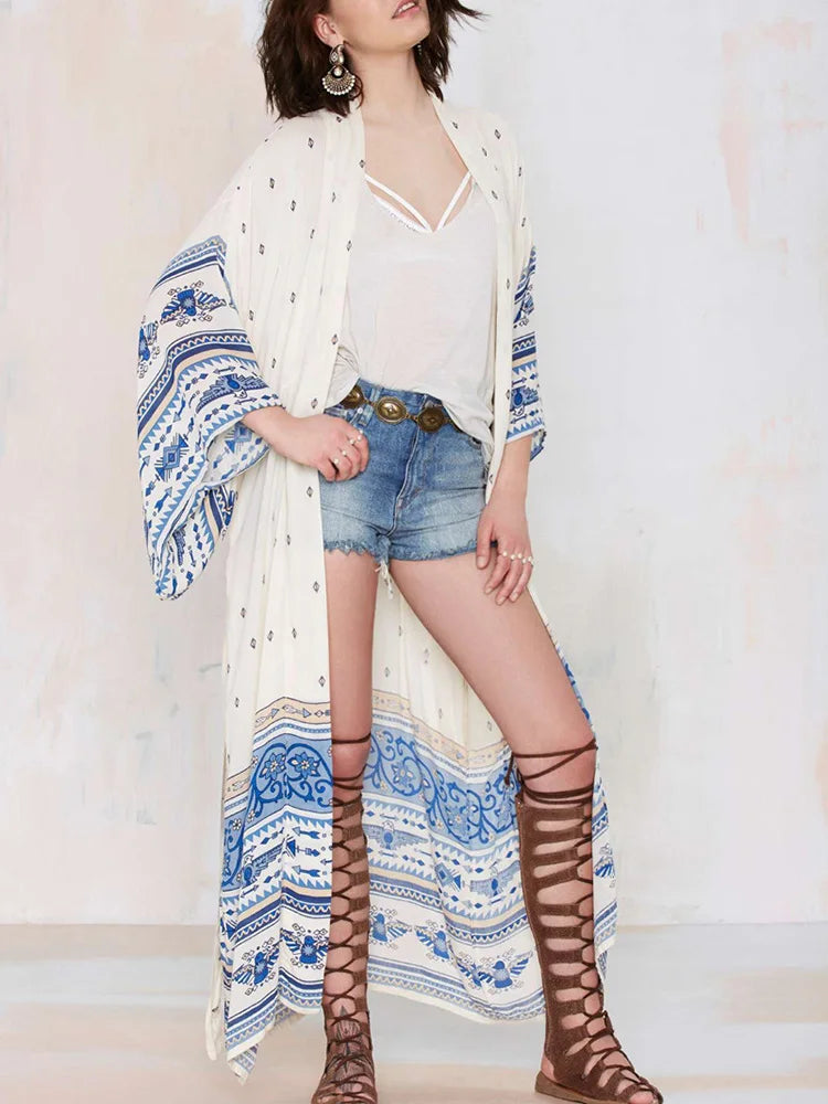 Printed Open Stitch Long Sleeve Cover Up